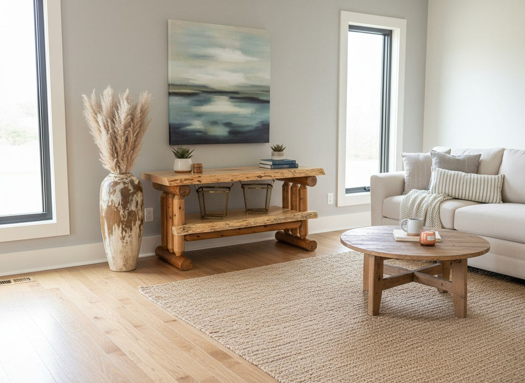 Rustic Log Live Edge TV Stand with Shelf