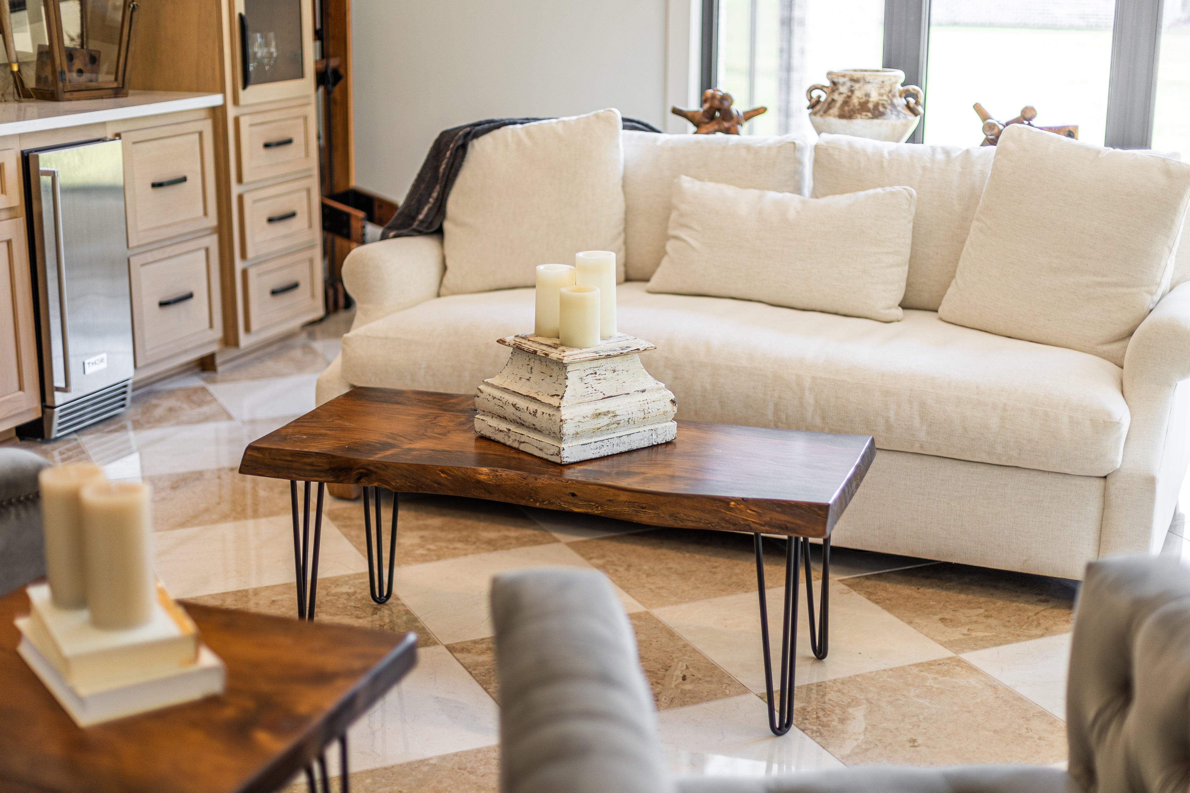 Hairpin Base Live Edge Wooden Coffee and End Table Set of 3