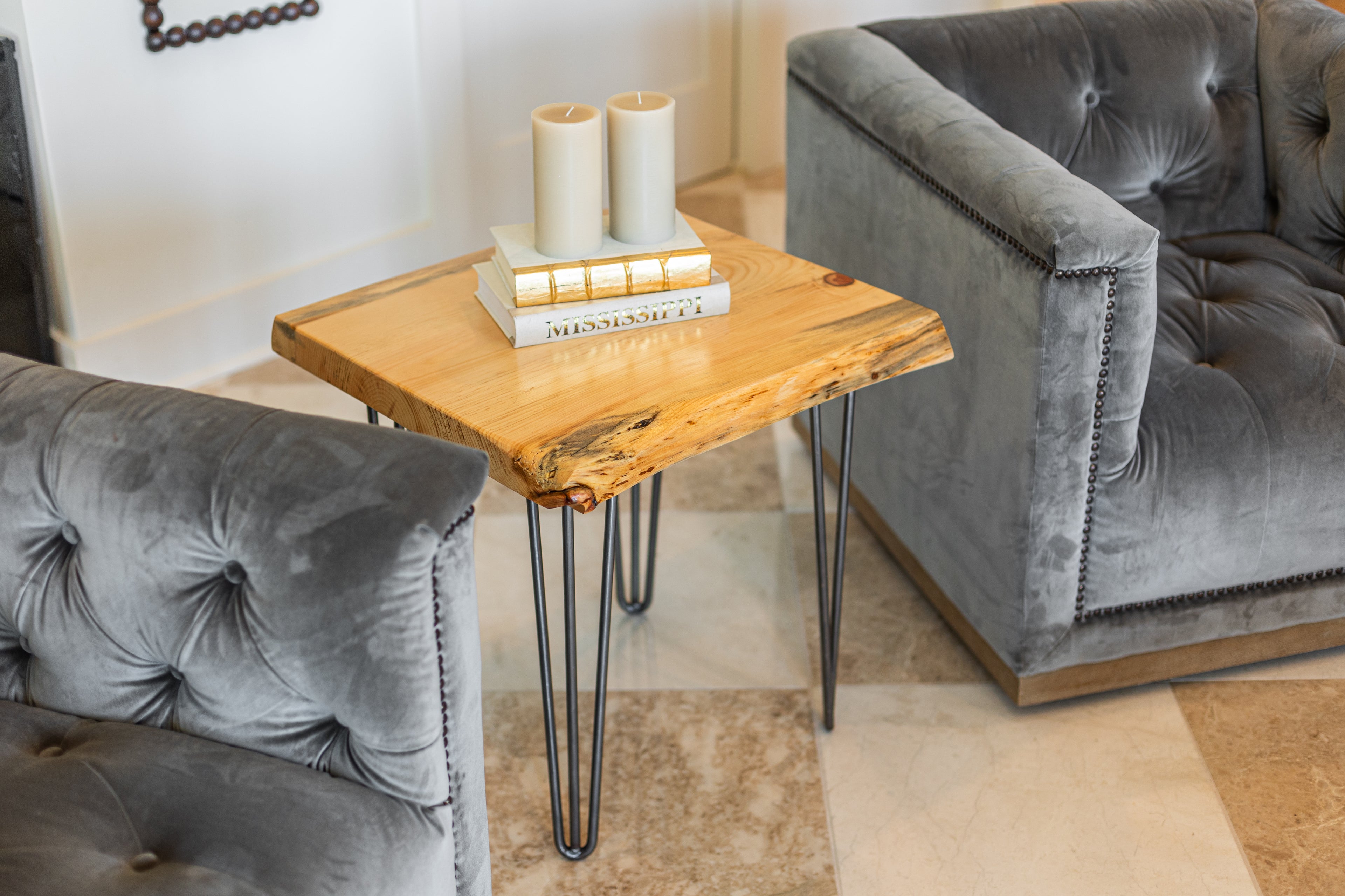 Hairpin Base Live Edge Wooden Coffee and End Table Set of 3