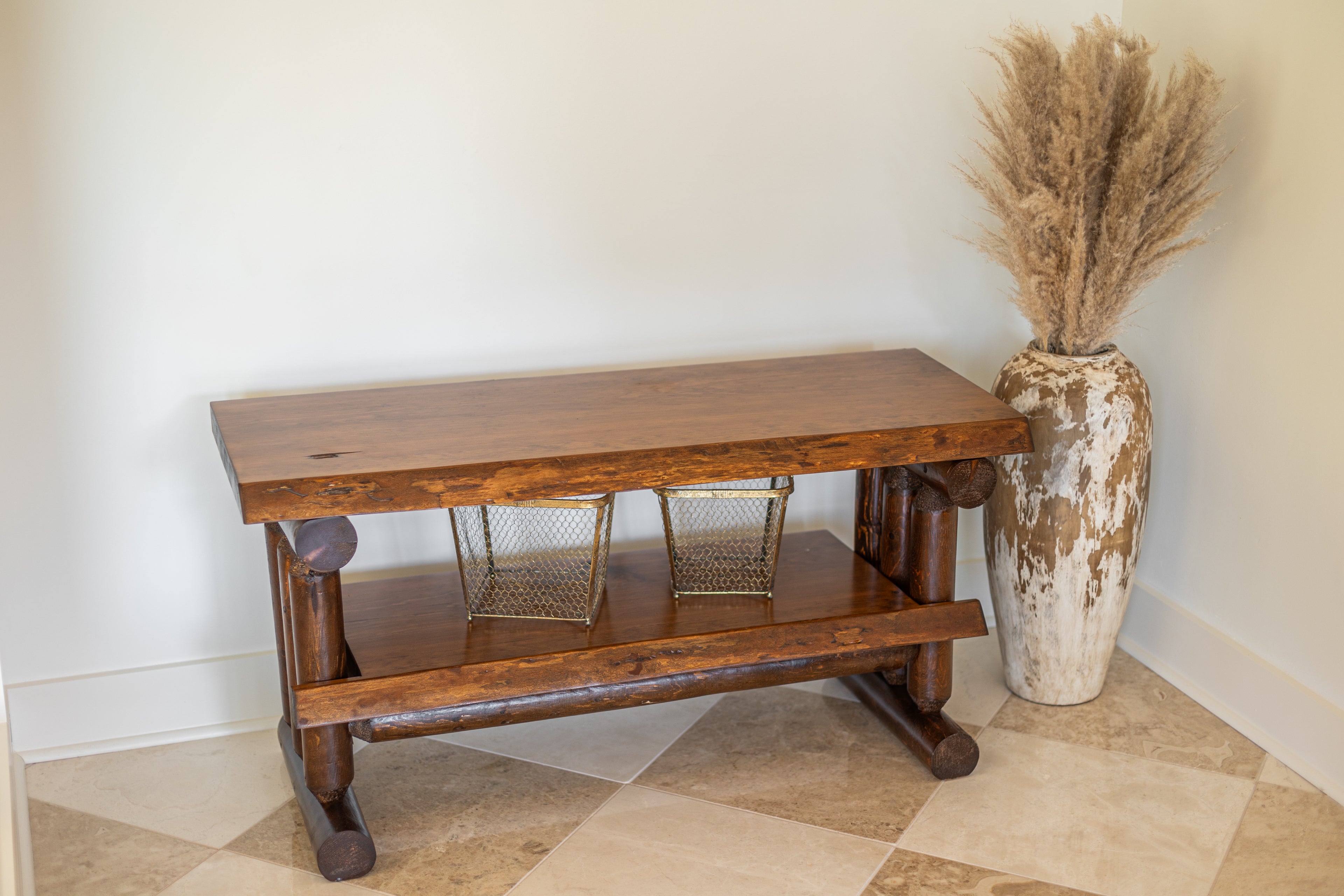 Rustic Log Live Edge TV Stand with Shelf