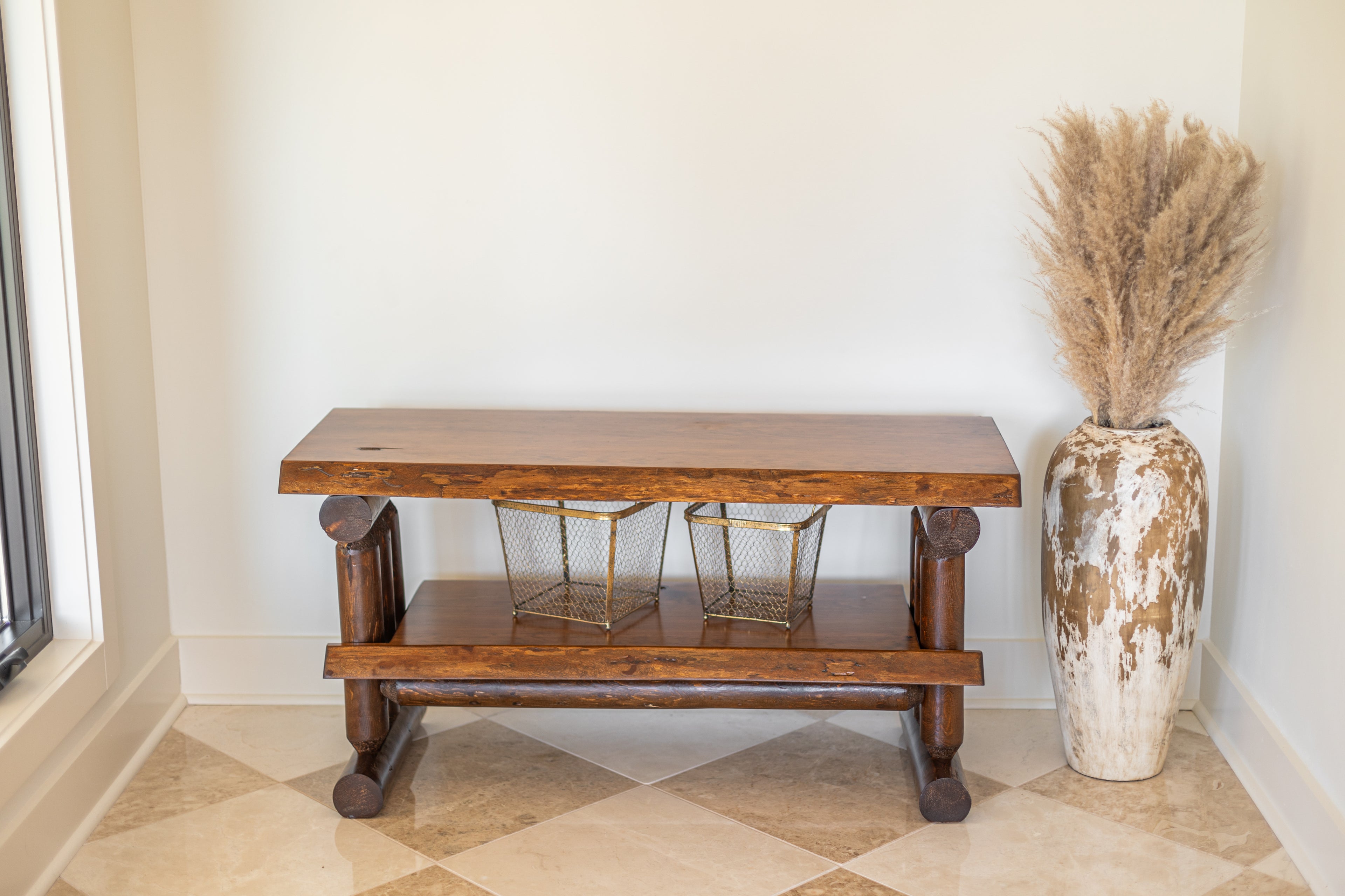 Rustic Log Live Edge TV Stand with Shelf