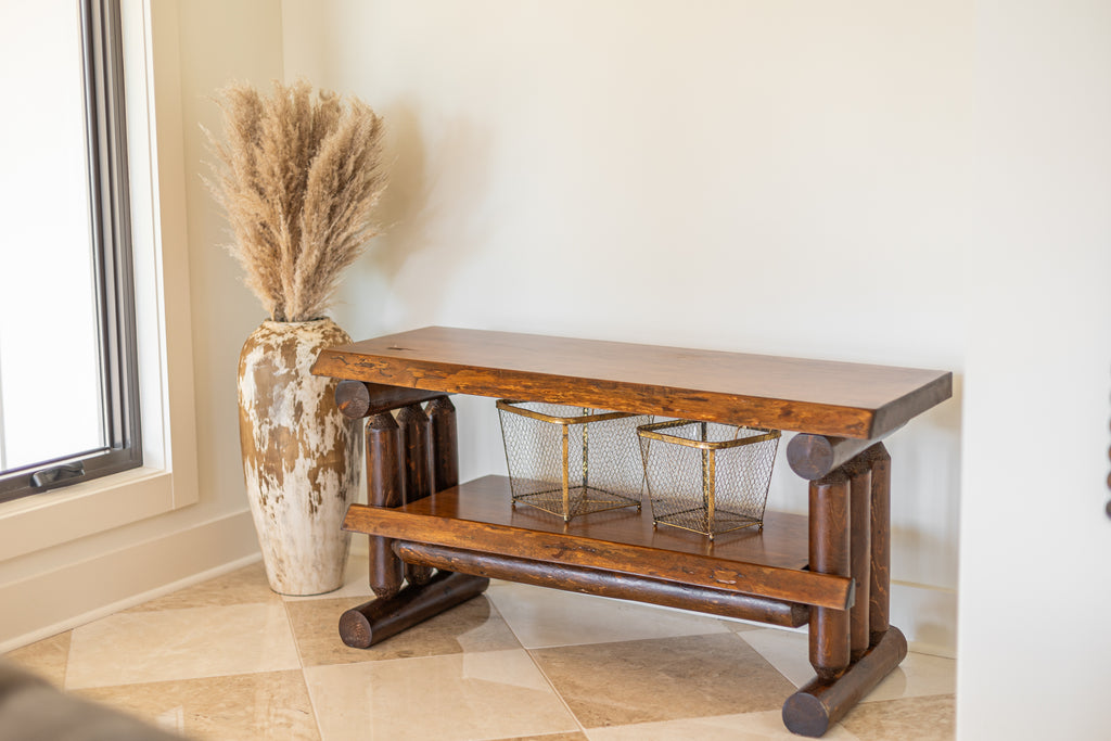 Rustic Log Live Edge TV Stand with Shelf