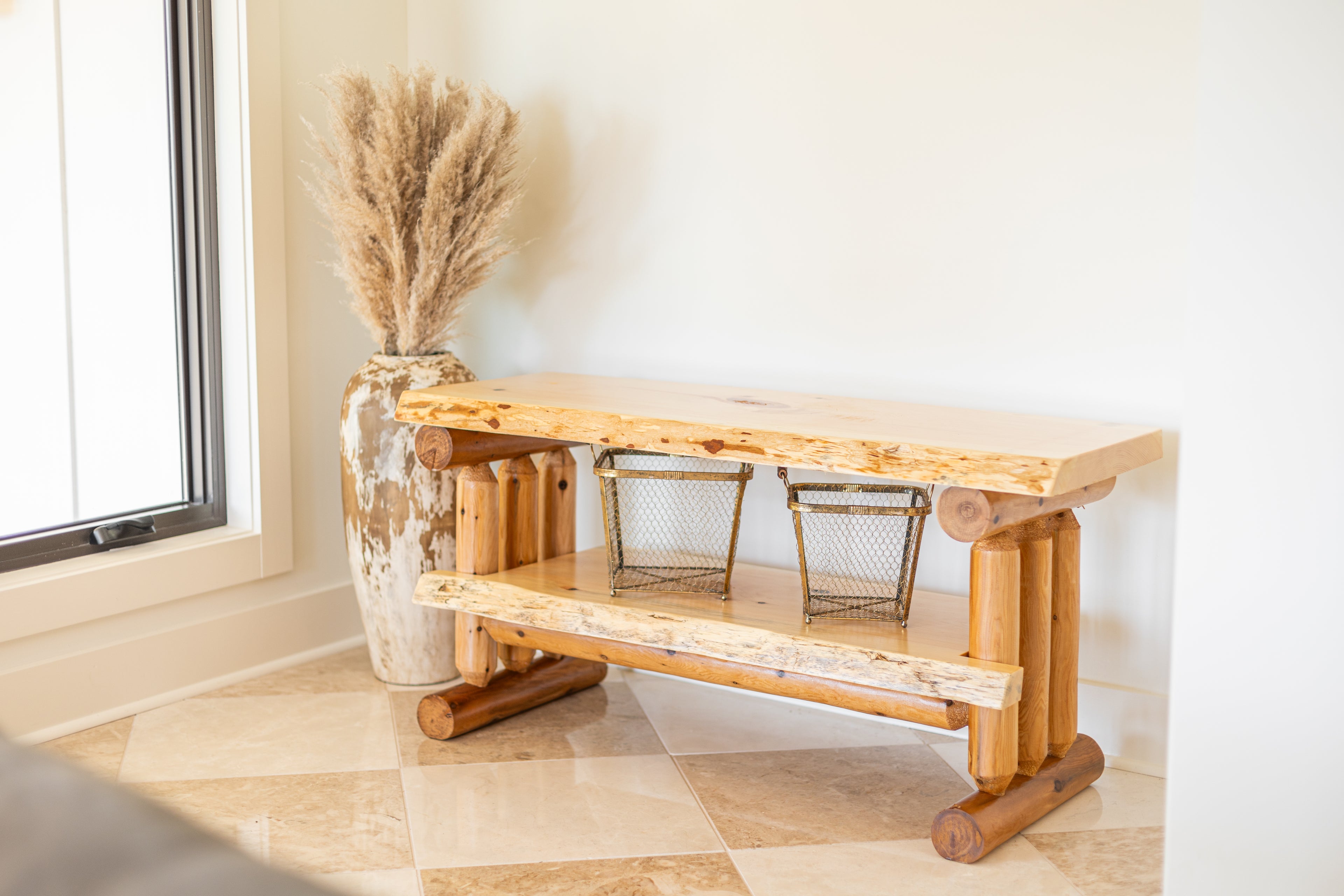 Rustic Log Live Edge TV Stand with Shelf