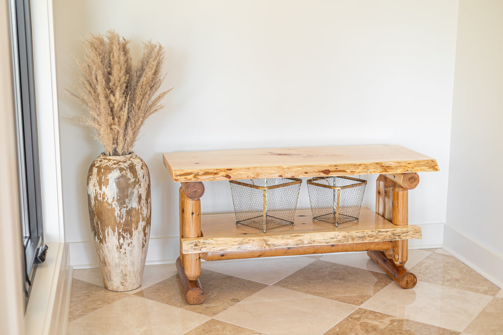 Rustic Log Live Edge TV Stand with Shelf