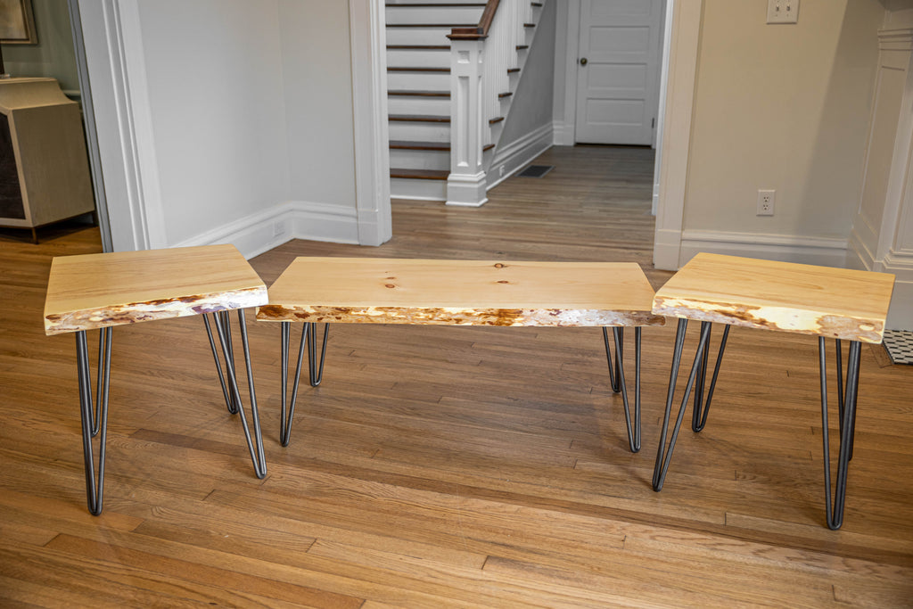 Hairpin Base Live Edge Wooden Coffee and End Table Set of 3
