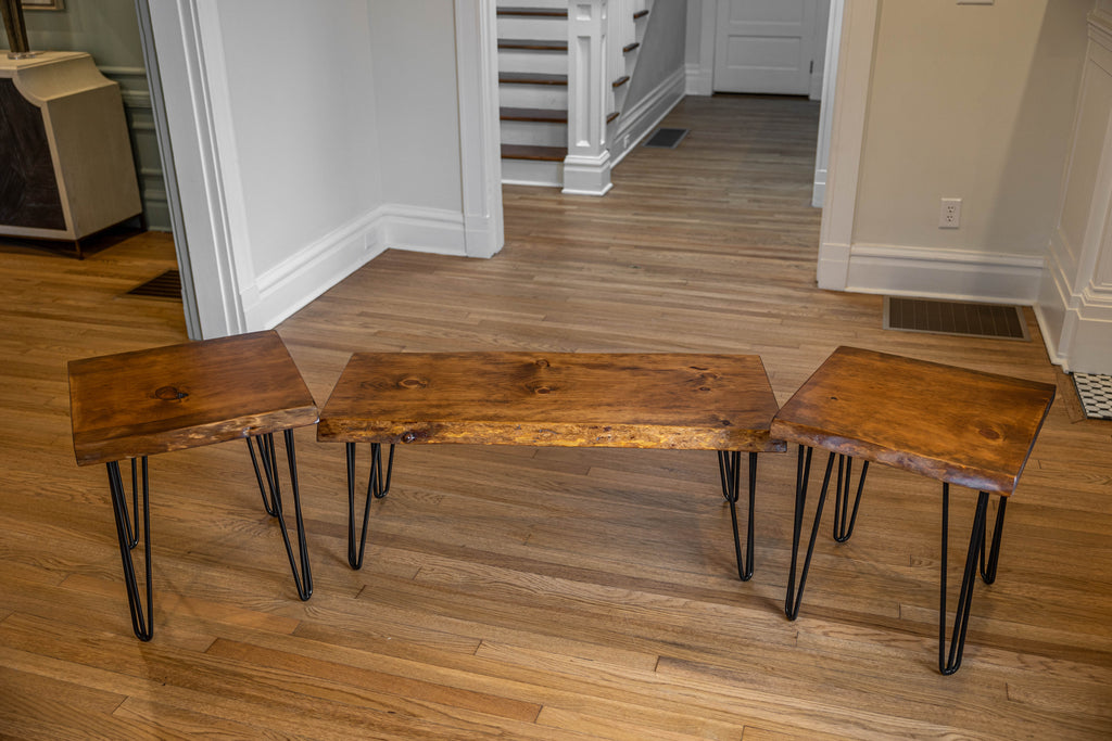 Hairpin Base Live Edge Wooden Coffee and End Table Set of 3