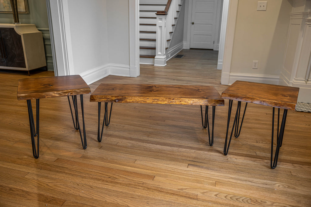 Hairpin Base Live Edge Wooden Coffee and End Table Set of 3