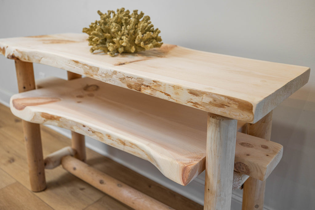 Rustic Log Live Edge Console Table with Shelf
