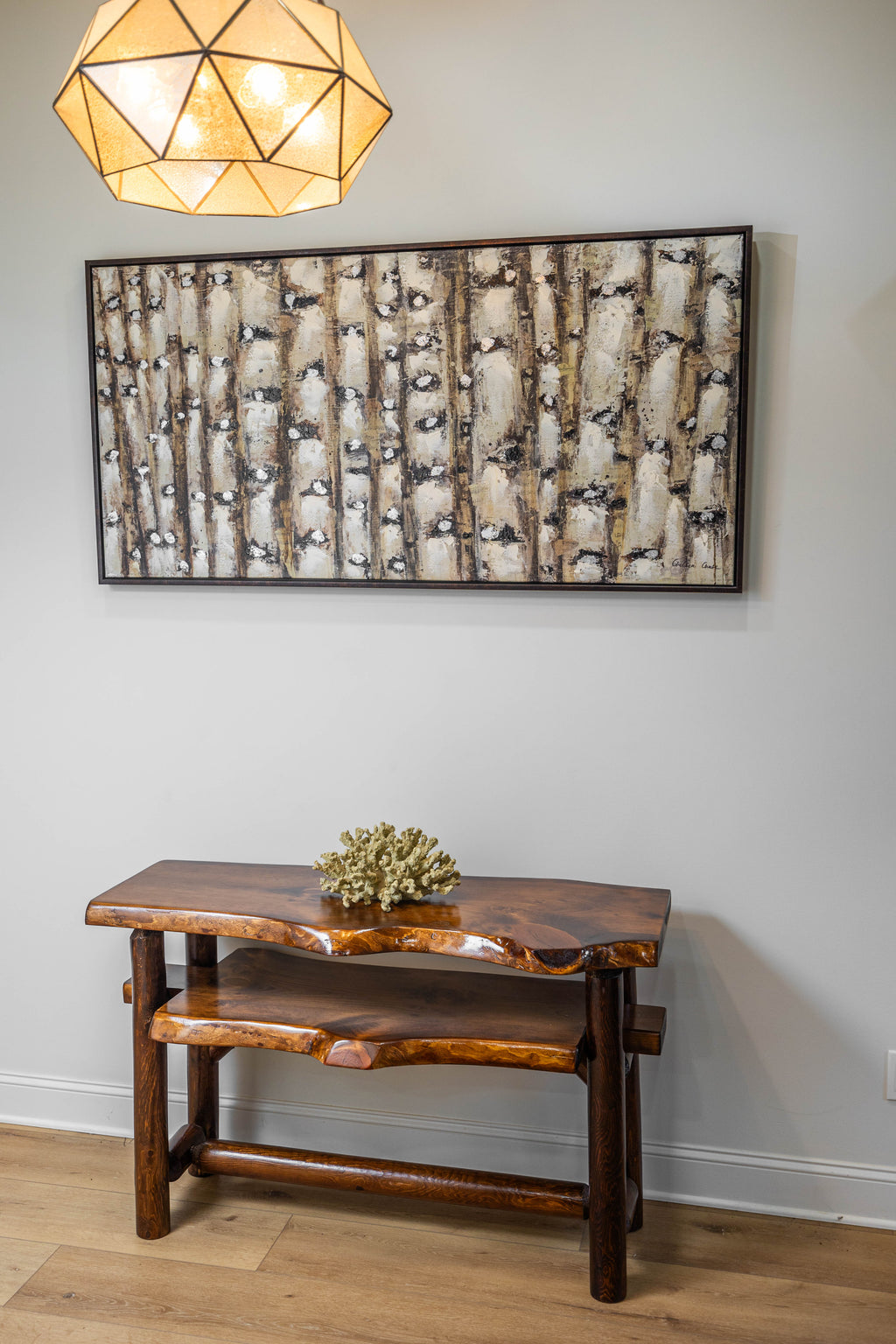 Rustic Log Live Edge Console Table with Shelf