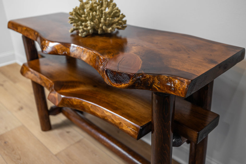 Rustic Log Live Edge Console Table with Shelf
