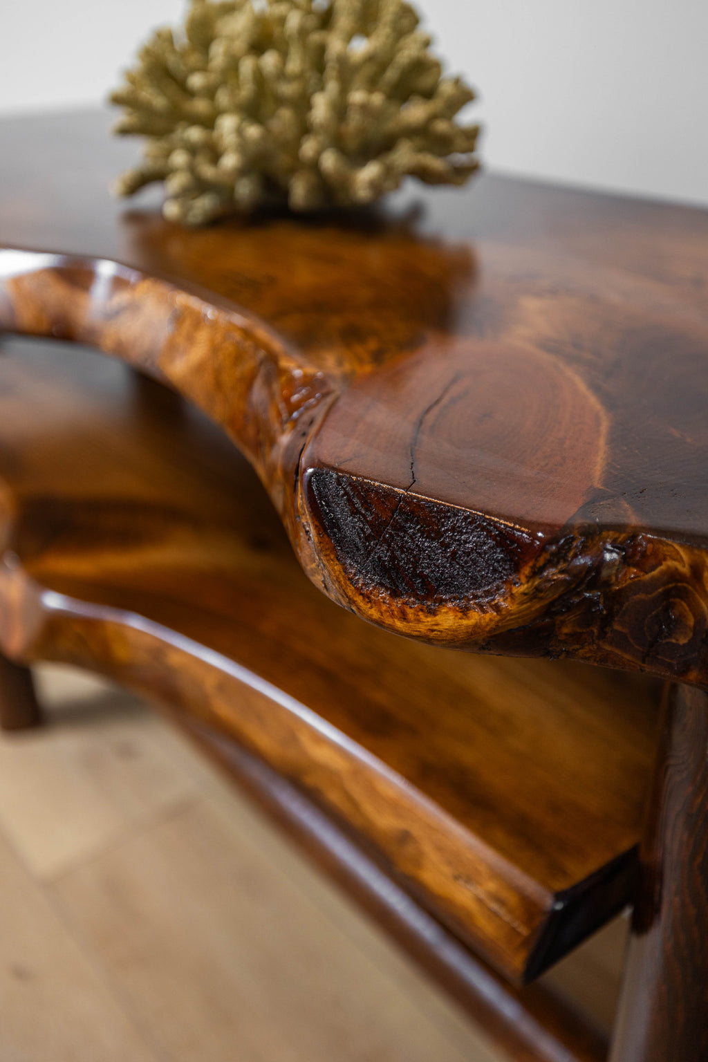 Rustic Log Live Edge Console Table with Shelf