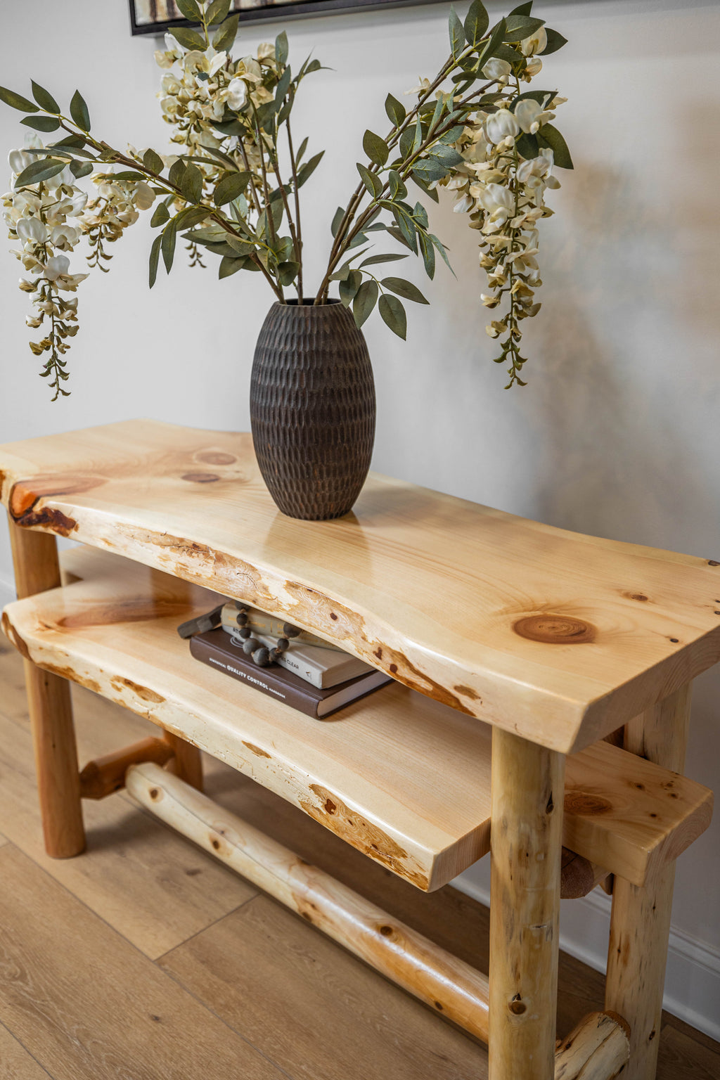 Rustic Log Live Edge Console Table with Shelf