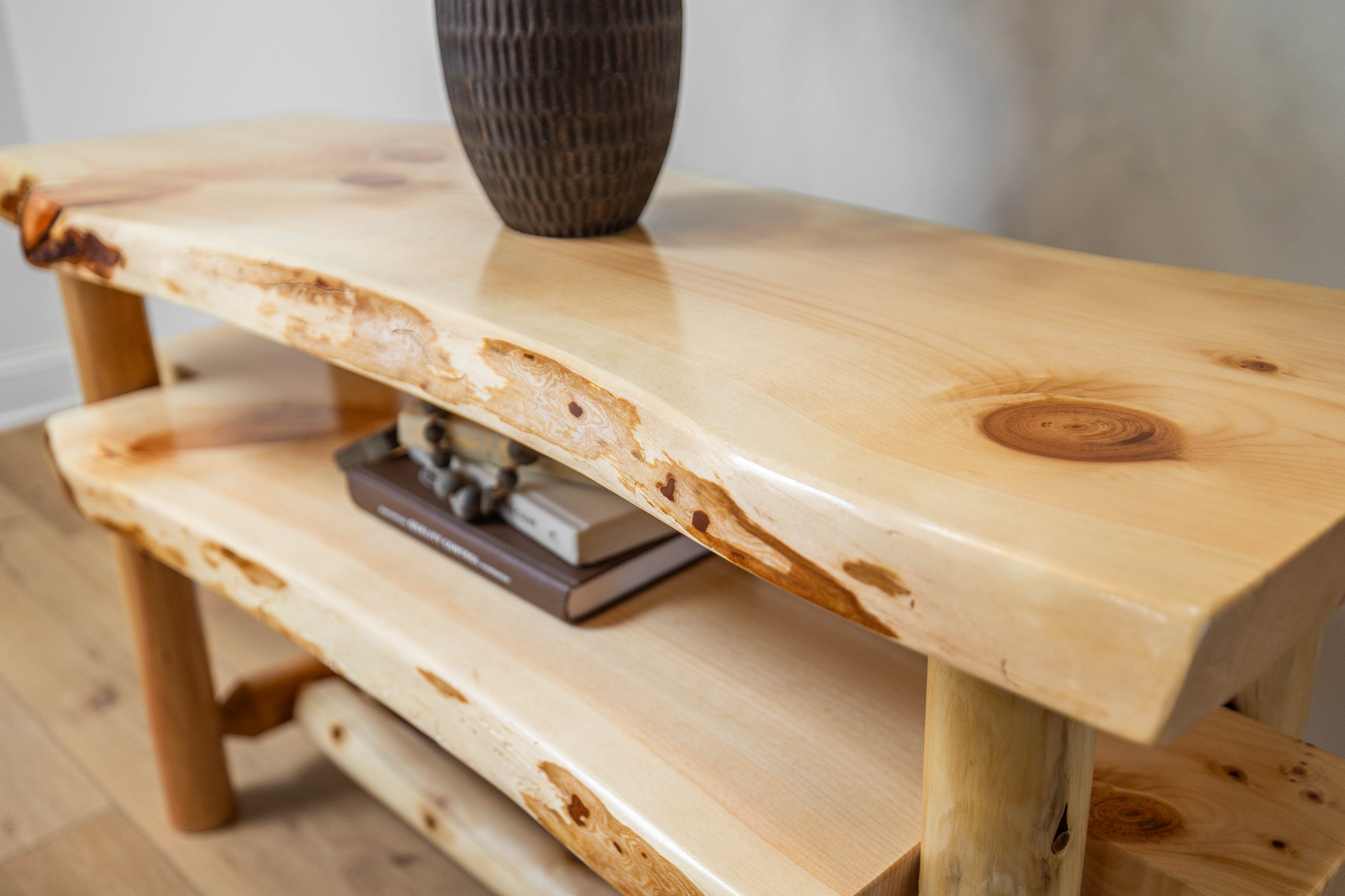 Rustic Log Live Edge Console Table with Shelf