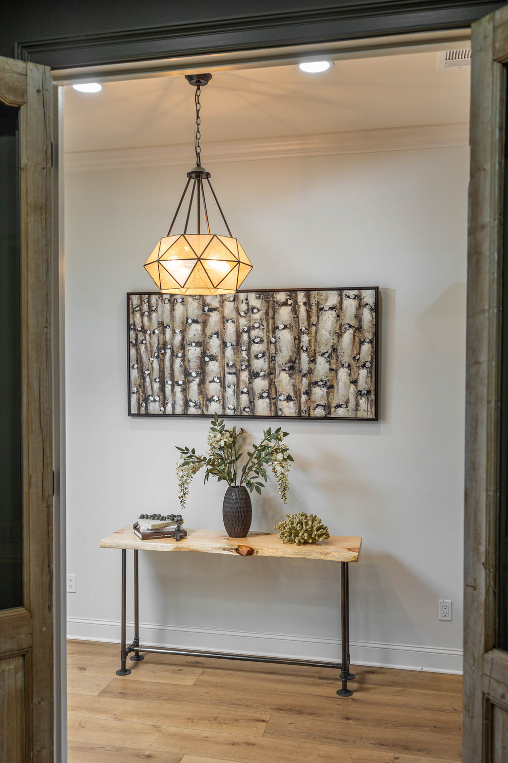 Rustic Live Edge Narrow Pipe Sofa Table for Entryway