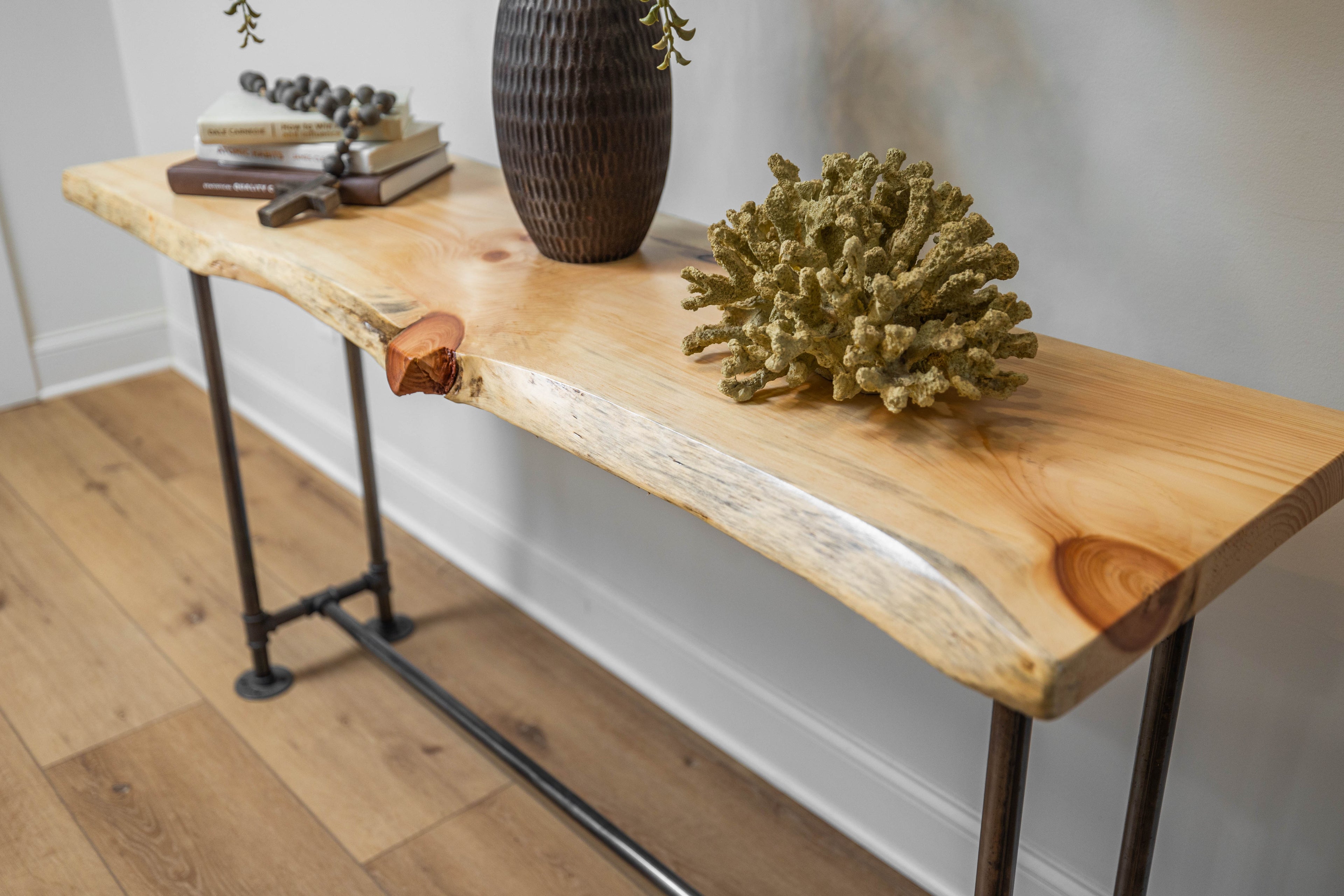 Rustic Live Edge Narrow Pipe Sofa Table for Entryway