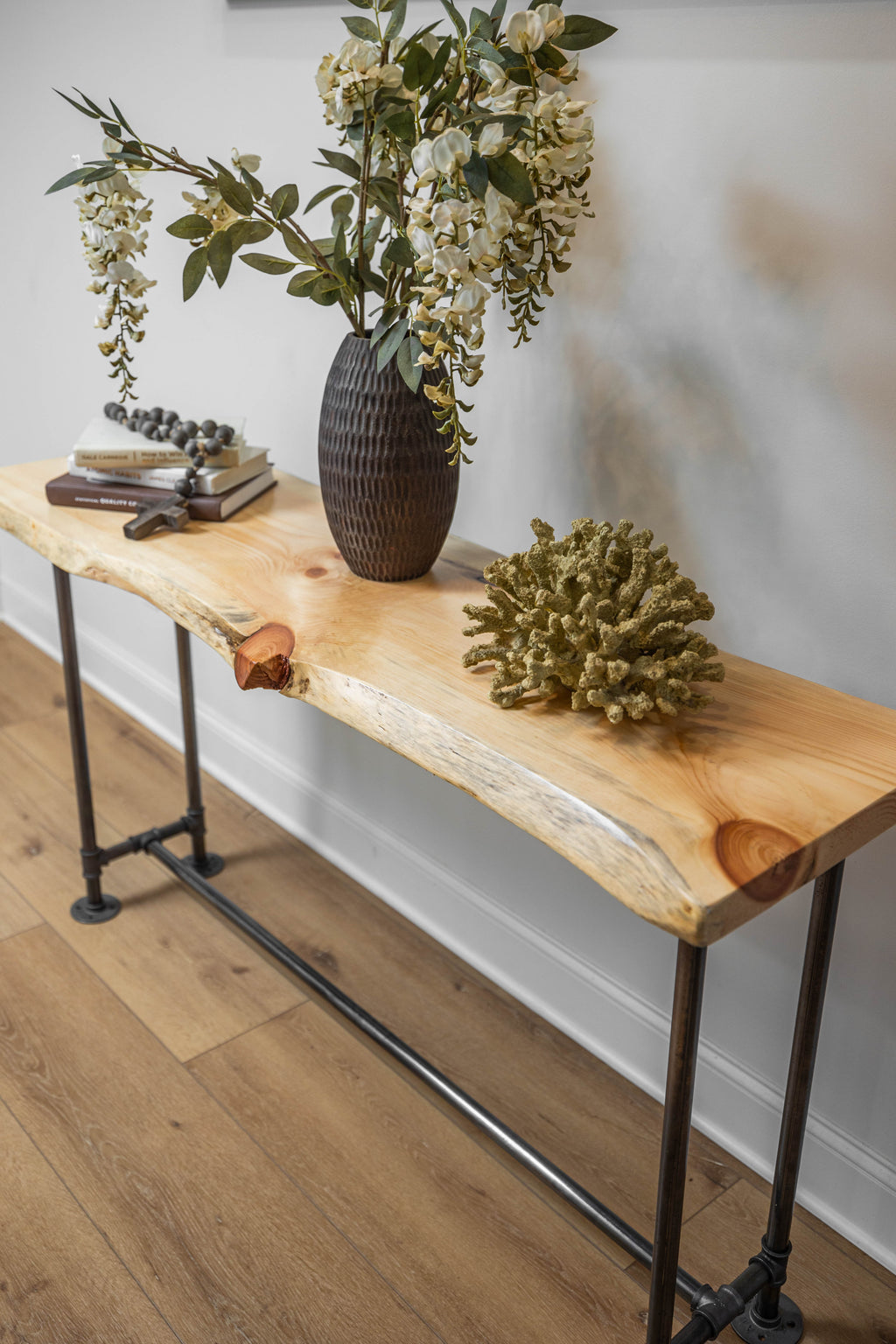 Rustic Live Edge Narrow Pipe Sofa Table for Entryway