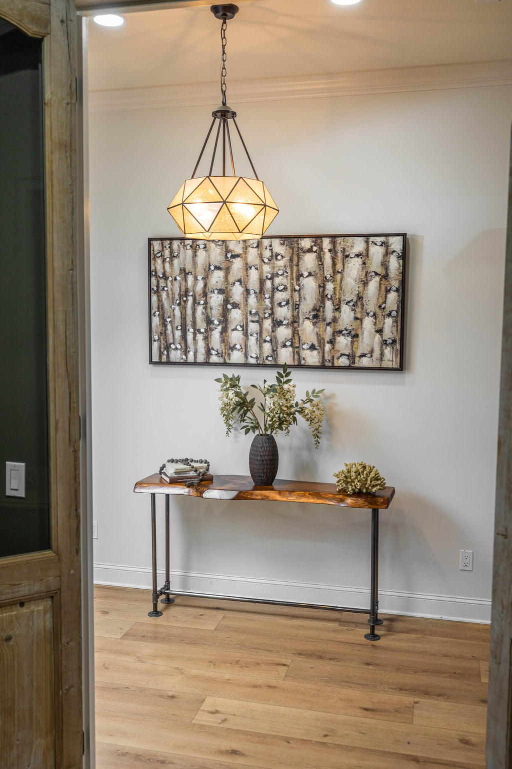 Rustic Live Edge Narrow Pipe Sofa Table for Entryway