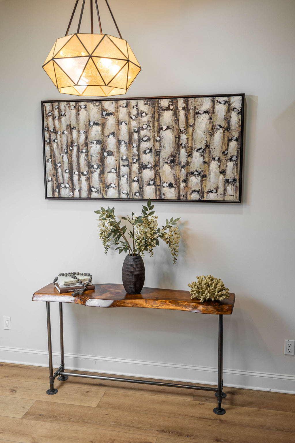 Rustic Live Edge Narrow Pipe Sofa Table for Entryway