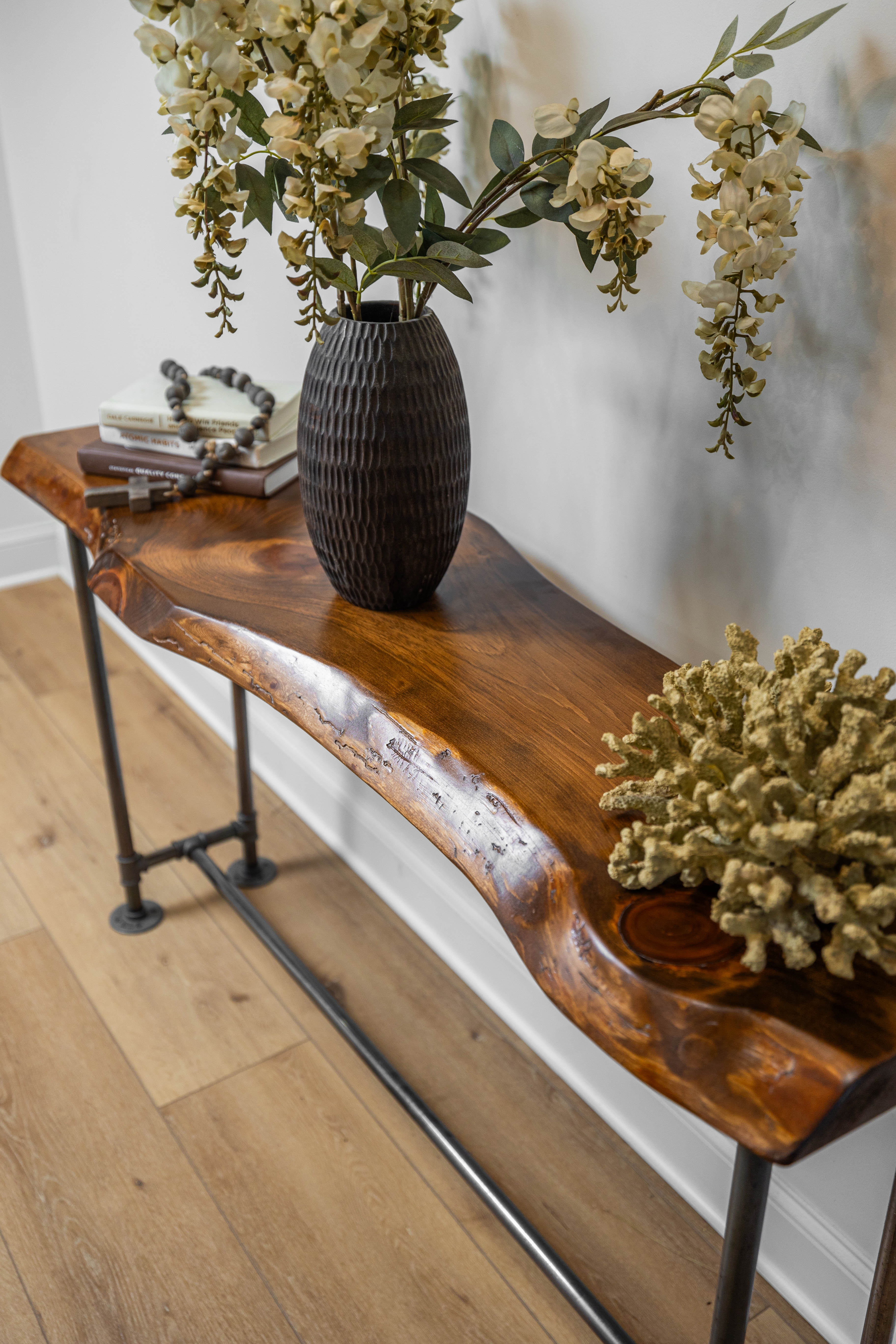 Rustic Live Edge Narrow Pipe Sofa Table for Entryway