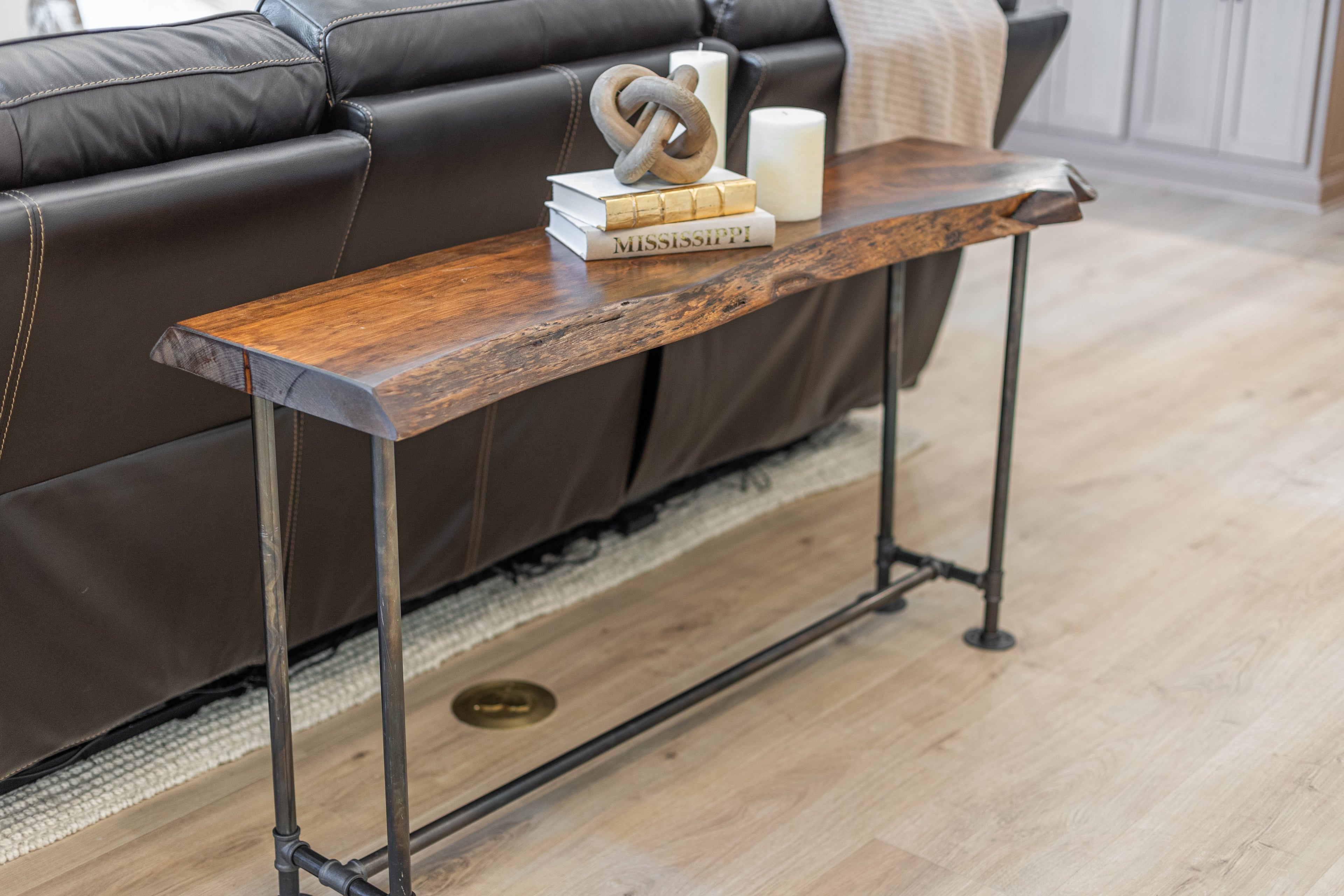 Industrial Pipe Pine Live Edge Wood Sofa Table