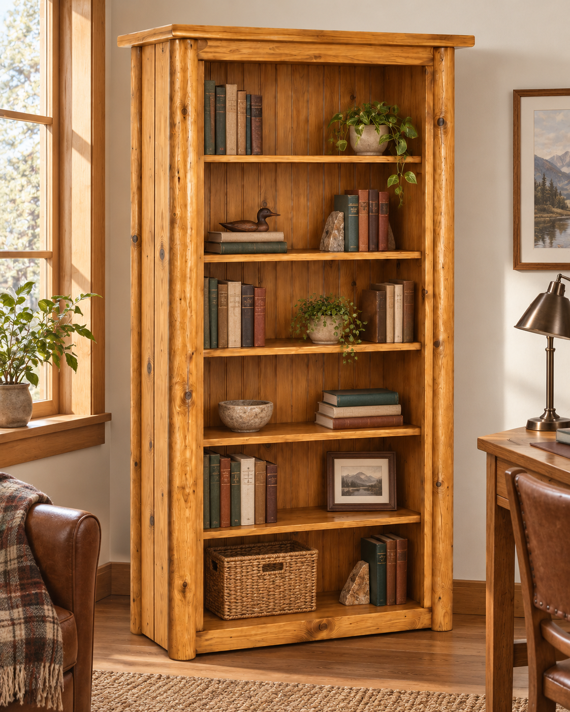 Rustic Log Bookcase – 74 Inch Open Shelving