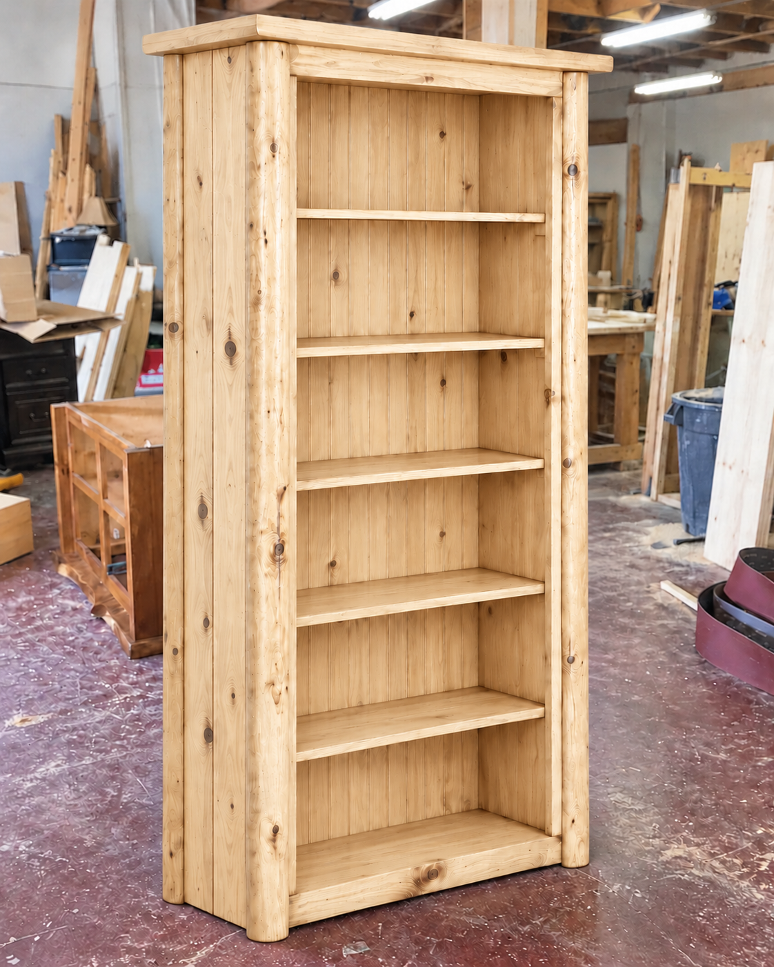 Rustic Log Bookcase – 74 Inch Open Shelving