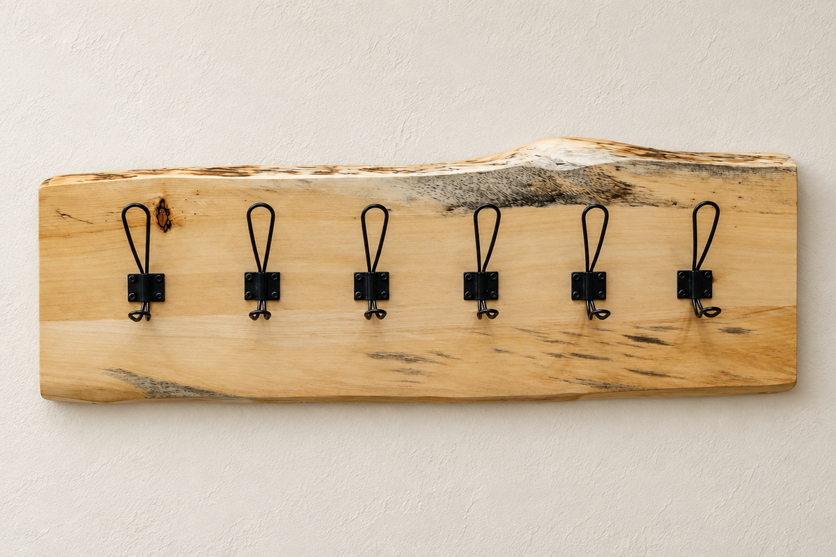 Live Edge Wall Coat Rack with 6 Black Hooks