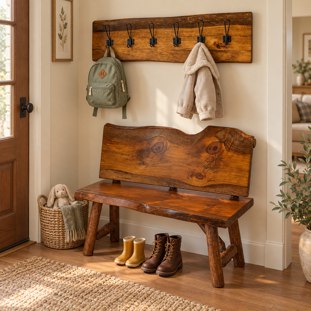 Live Edge Wall Coat Rack with 6 Black Hooks
