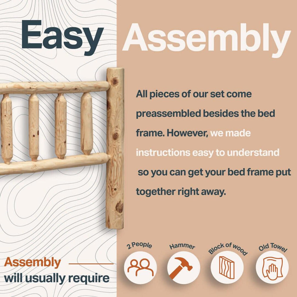 May include: A light-colored wooden bed frame headboard with vertical and horizontal wooden beams. The word "Easy" is at the top left. The text says assembly requires 2 people, a hammer, a block of wood, and an old towel.