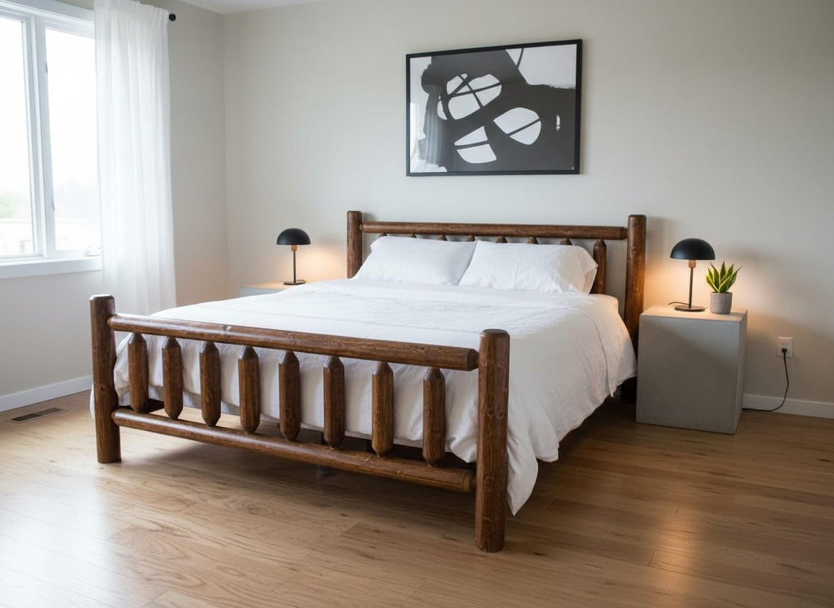 Rustic Log Bed Frame for Cabin Style Home Honey Pine Finish