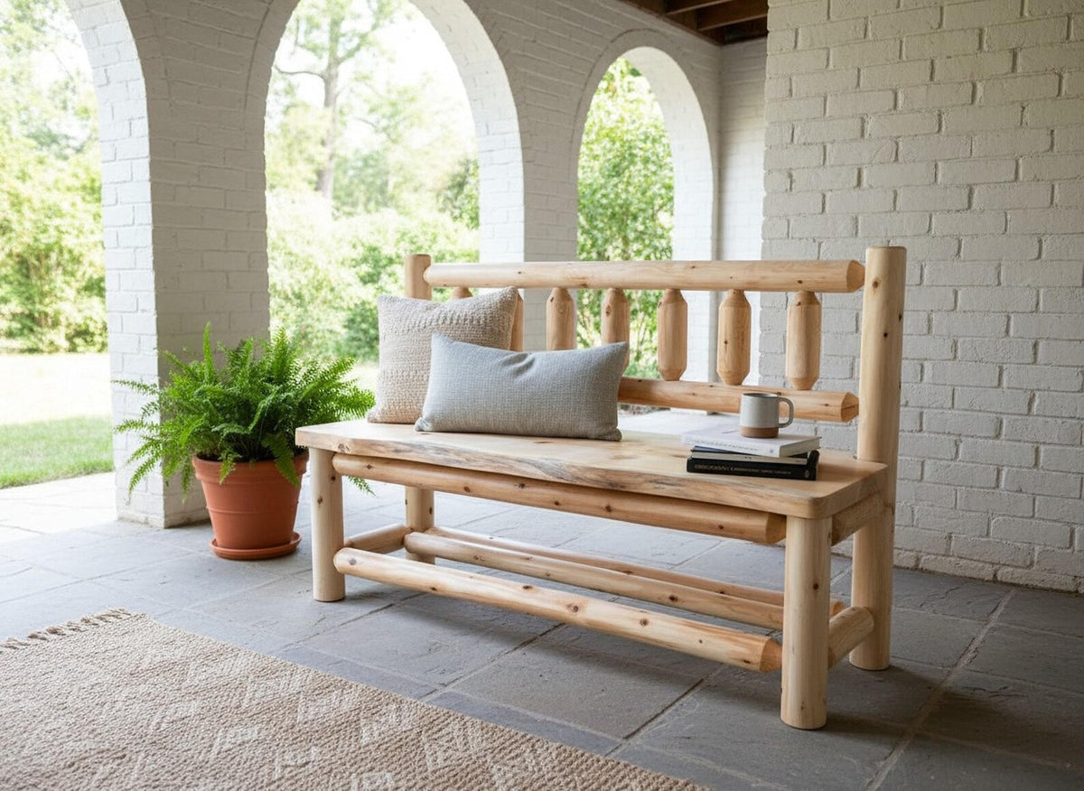 Rustic Log Spindle Back Bench: Live Edge White Pine Seat, Porch or Entryway image 2