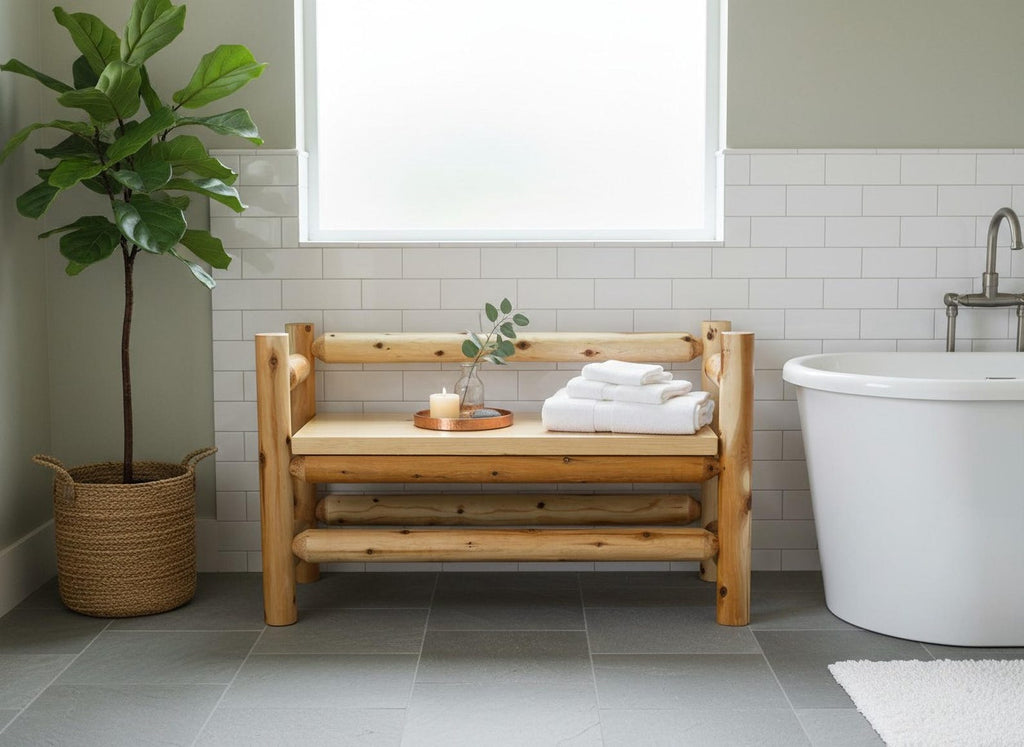 May include: A rustic log bench constructed from natural light-colored wood with a smooth flat seat. The bench features four sturdy vertical log legs and two horizontal log support bars. A small candle and white folded towels rest on the seat.