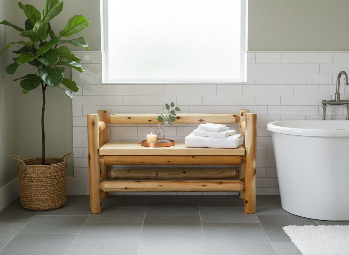 May include: A rustic log bench constructed from natural light-colored wood with a smooth flat seat. The bench features four sturdy vertical log legs and two horizontal log support bars. A small candle and white folded towels rest on the seat.