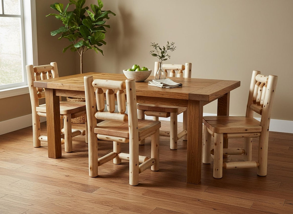 May include: A wooden dining table with four matching chairs. The table and chairs are made of light-colored wood, with a rustic, lodge-style design. A bowl of green apples and a vase of greenery are on the table.