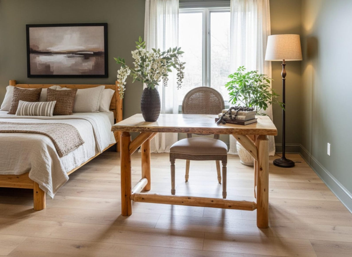 May include: A rectangular wooden desk with a natural live edge top and four sturdy log-style legs. The desk is positioned in a room featuring a bed with a wooden frame, a round-backed chair with a woven seat, a dark vase with white flowers, and a floor lamp.