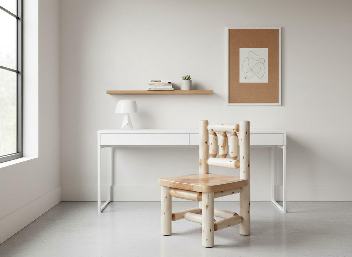 May include: A light-colored wooden chair with a log cabin style design. The chair has a square seat and a backrest made of vertical logs. The chair is in front of a white desk with a white lamp and a framed artwork.