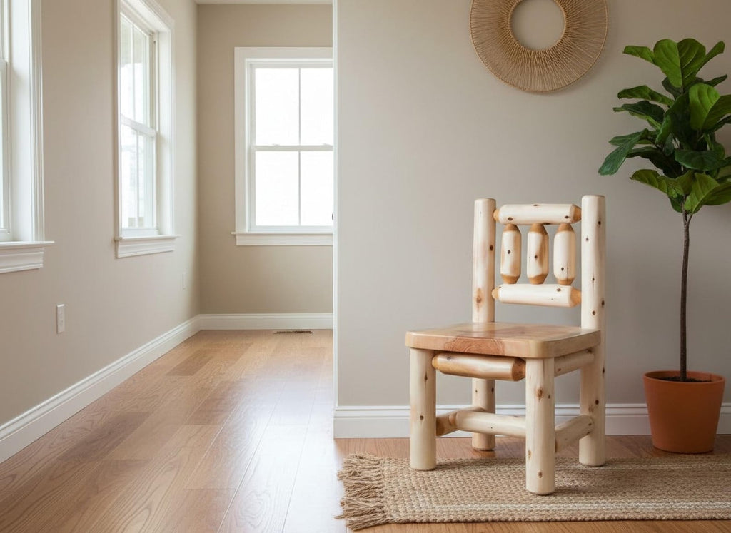 May include: A rustic wooden chair with a natural finish. The chair features a square seat and a backrest with decorative wooden dowels. It is placed on a small woven rug, with a potted plant and a decorative wall hanging in the background.