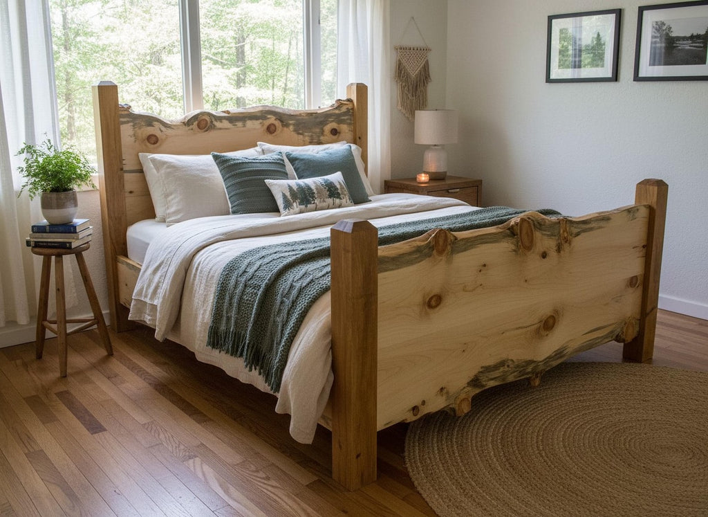 May include: A wooden bed frame featuring a natural live edge headboard and footboard with visible knots and grain. The bed is dressed with a white duvet, a green textured throw blanket, two white pillows, two green pillows, and a small rectangular pillow.
