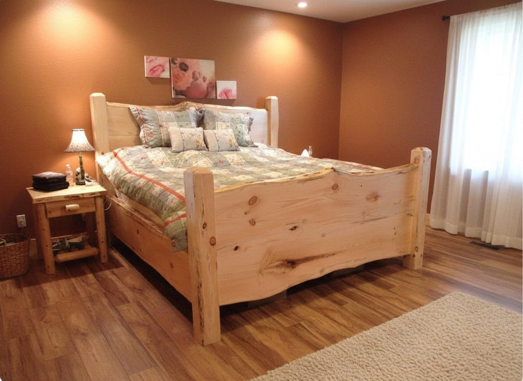 May include: A light-colored natural wood bed frame with a live edge headboard and footboard, featuring visible knots and grain patterns. The bed is dressed with a patterned quilt in muted tones and several decorative pillows.