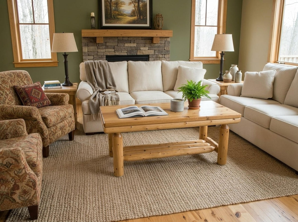 May include: A cozy living room scene featuring a light-colored sofa, patterned armchairs, and a wooden coffee table. A woven rug covers the floor. The room is decorated with lamps, a fireplace, and a painting, creating a warm and inviting atmosphere.