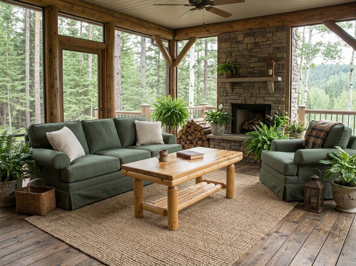 May include: A cozy outdoor living space with a green sofa, armchair, and wooden coffee table. A stone fireplace and a woven rug add to the rustic charm. The space is surrounded by windows overlooking a forest.