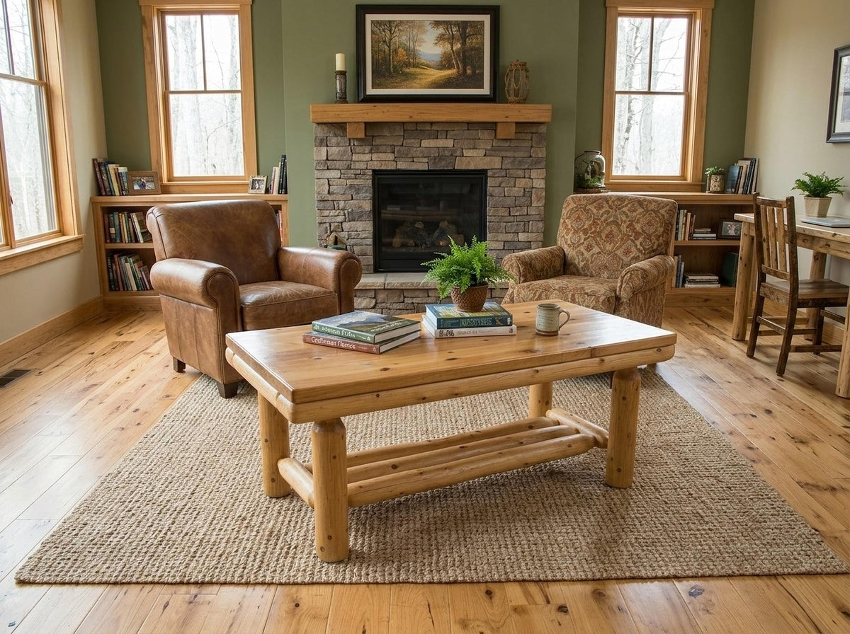 May include: A rustic living room with a light wood coffee table, two leather armchairs, and a patterned armchair. A stone fireplace and a framed landscape painting are visible. A woven rug covers the floor.