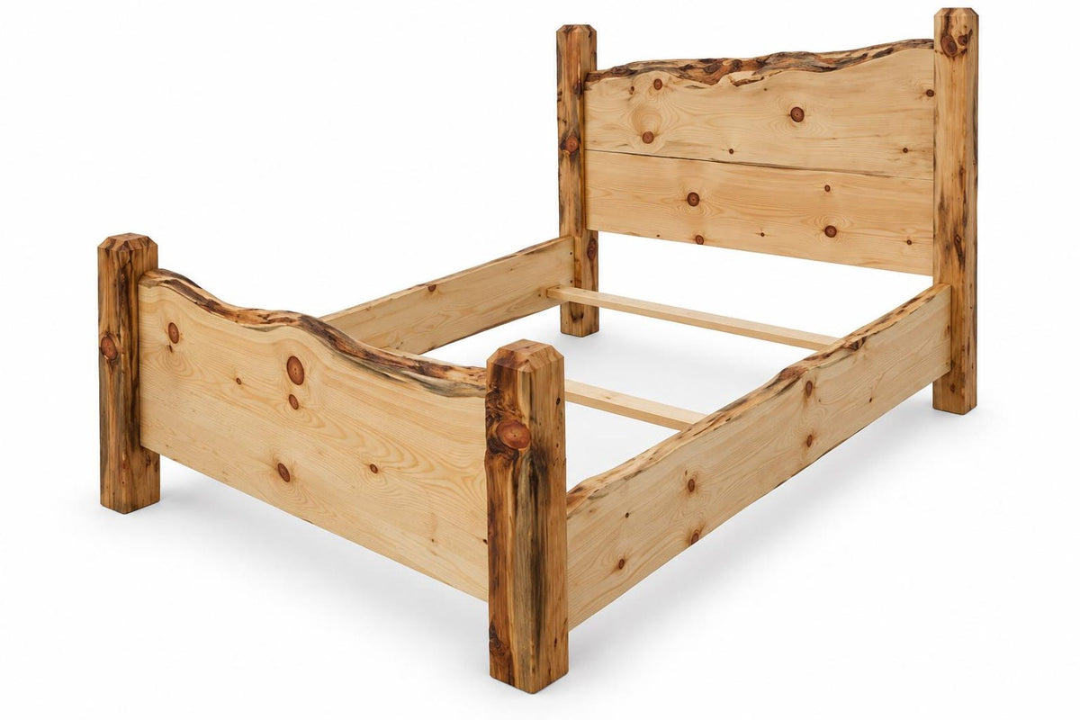 May include: A wooden bed frame constructed from light-colored pine with visible knots and natural live-edge detailing on the headboard and footboard. The frame features four sturdy square posts and horizontal support slats for a mattress.