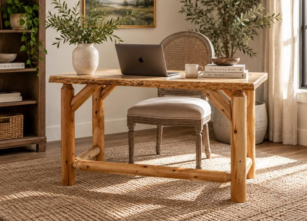 May include: A rectangular wooden desk featuring a natural live edge top and four thick, cylindrical log legs connected by a horizontal support beam. The desk surface is smooth, showcasing the light brown wood grain and raw, textured edges.