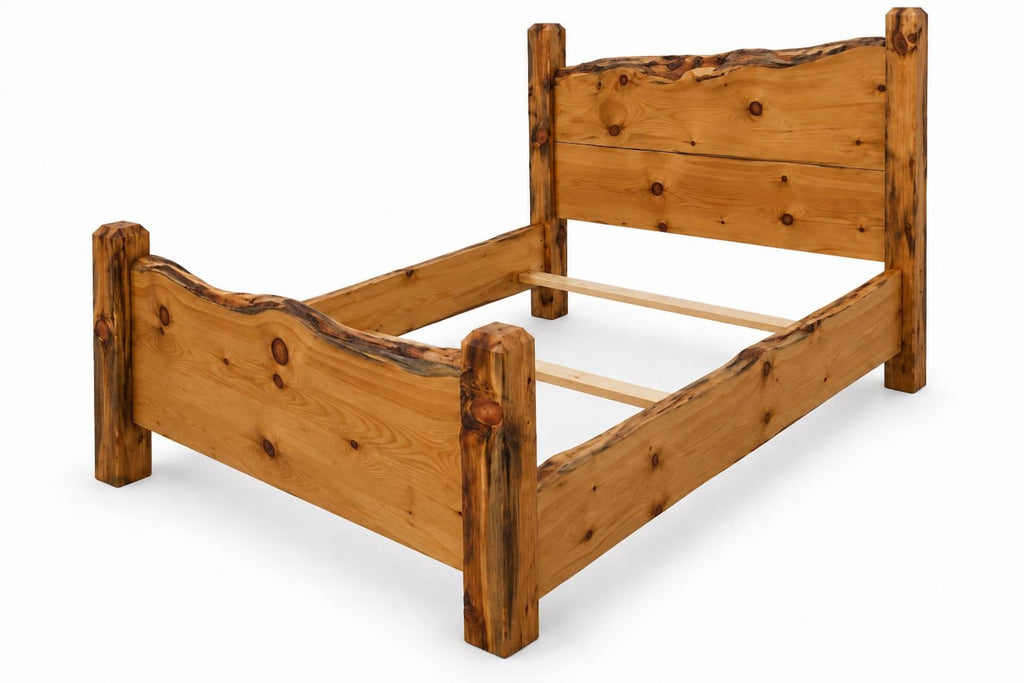 May include: A wooden bed frame constructed from light brown timber with visible knots and natural live edge detailing on the headboard and footboard. The frame features four sturdy square posts and two horizontal support slats across the center.