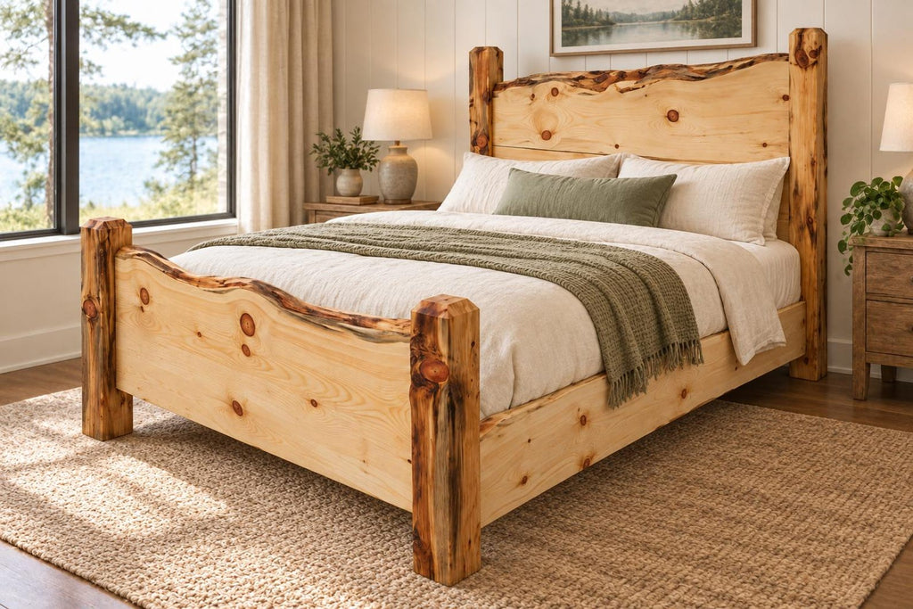 May include: A bed frame constructed from light-colored natural wood with a live edge headboard and footboard. The frame features thick, square-cut corner posts with visible knots and grain patterns, supporting a mattress with white bedding.