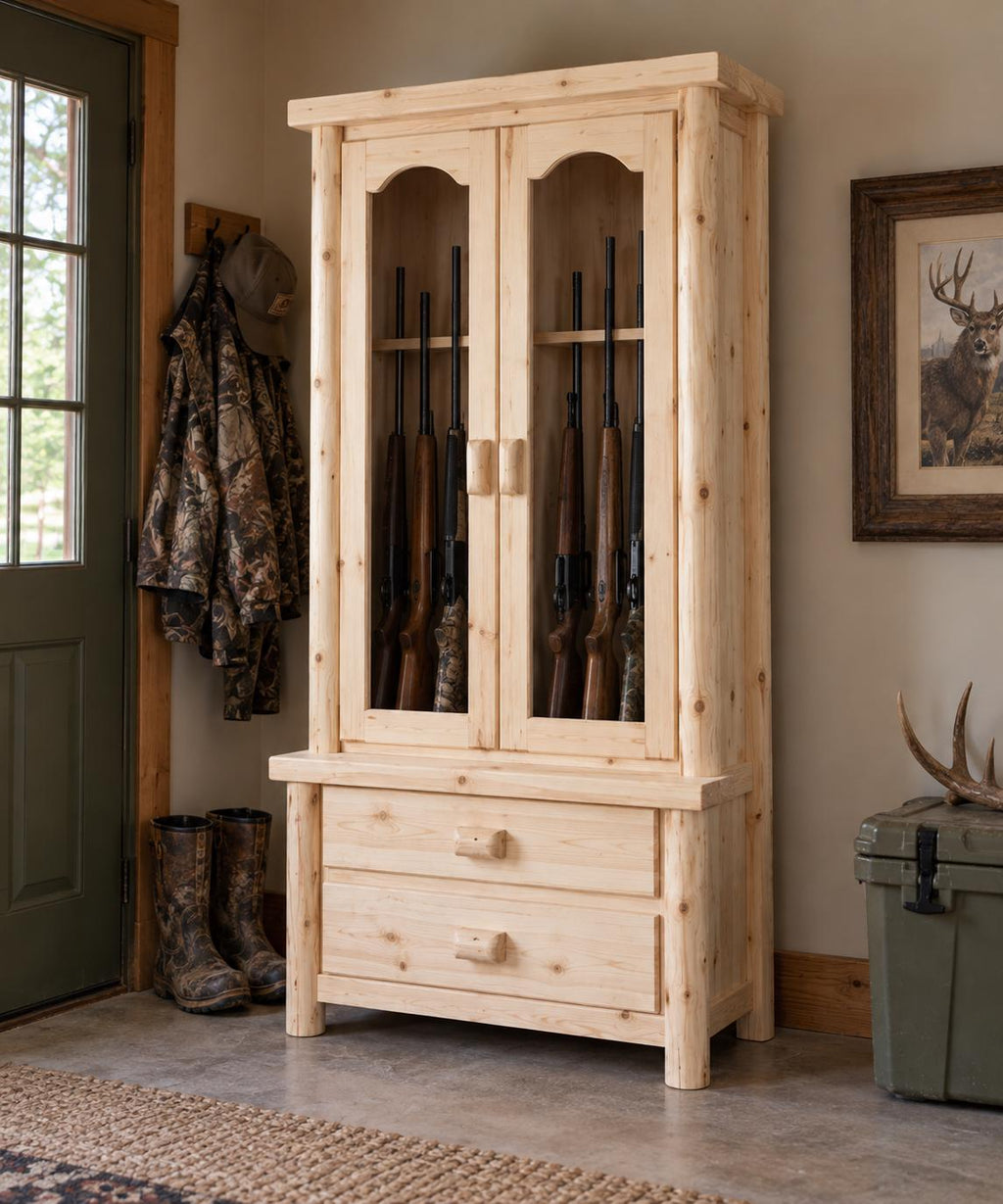 Rustic Log Gun Cabinet – 8, 10 or 12 Guns, Four Finishes