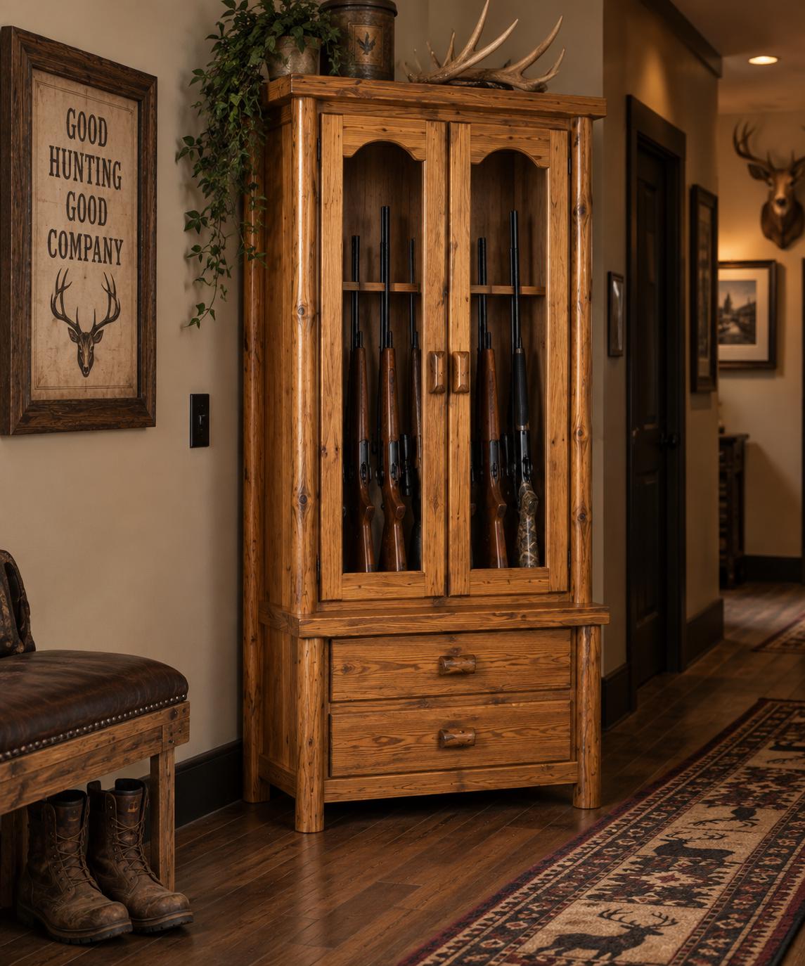 Rustic Log Gun Cabinet – 8, 10 or 12 Guns, Four Finishes