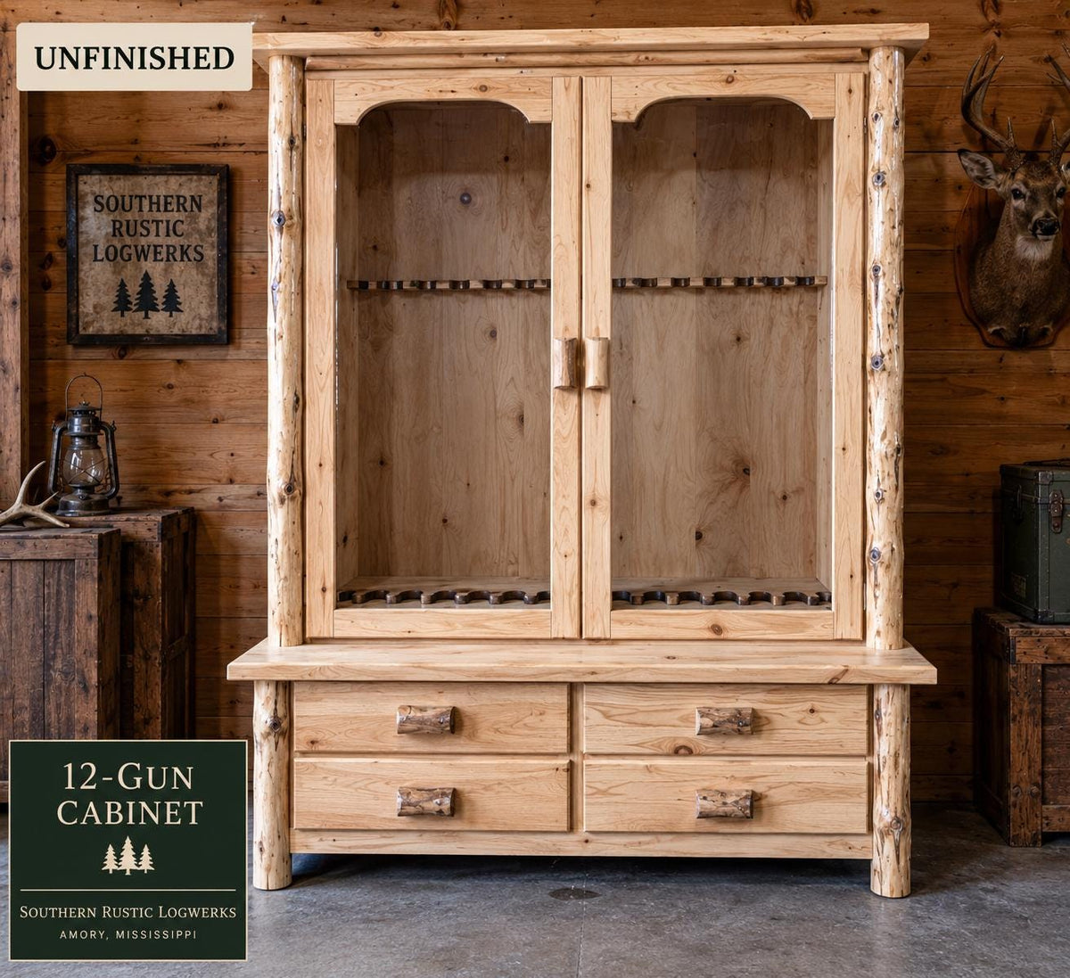 Rustic Log Gun Cabinet – 8, 10 or 12 Guns, Four Finishes