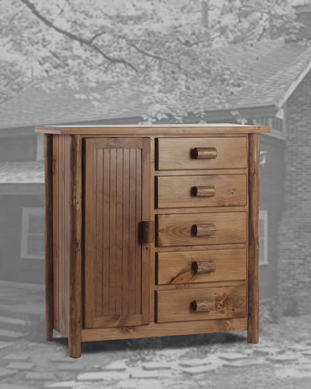 Rustic Log Chifforobe with Hanging Wardrobe & 5 Drawers